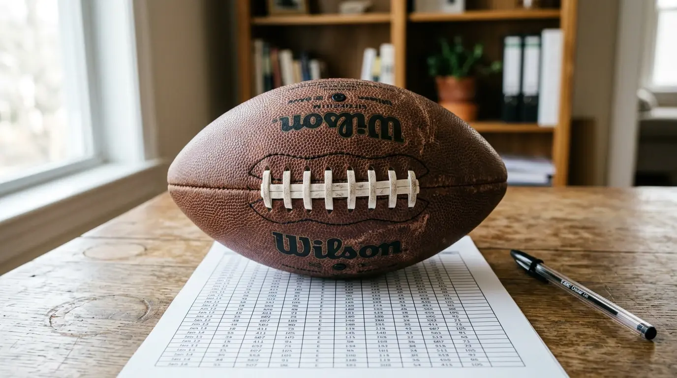 American football placed beside a printed spreadsheet of betting calculations on a wooden desk