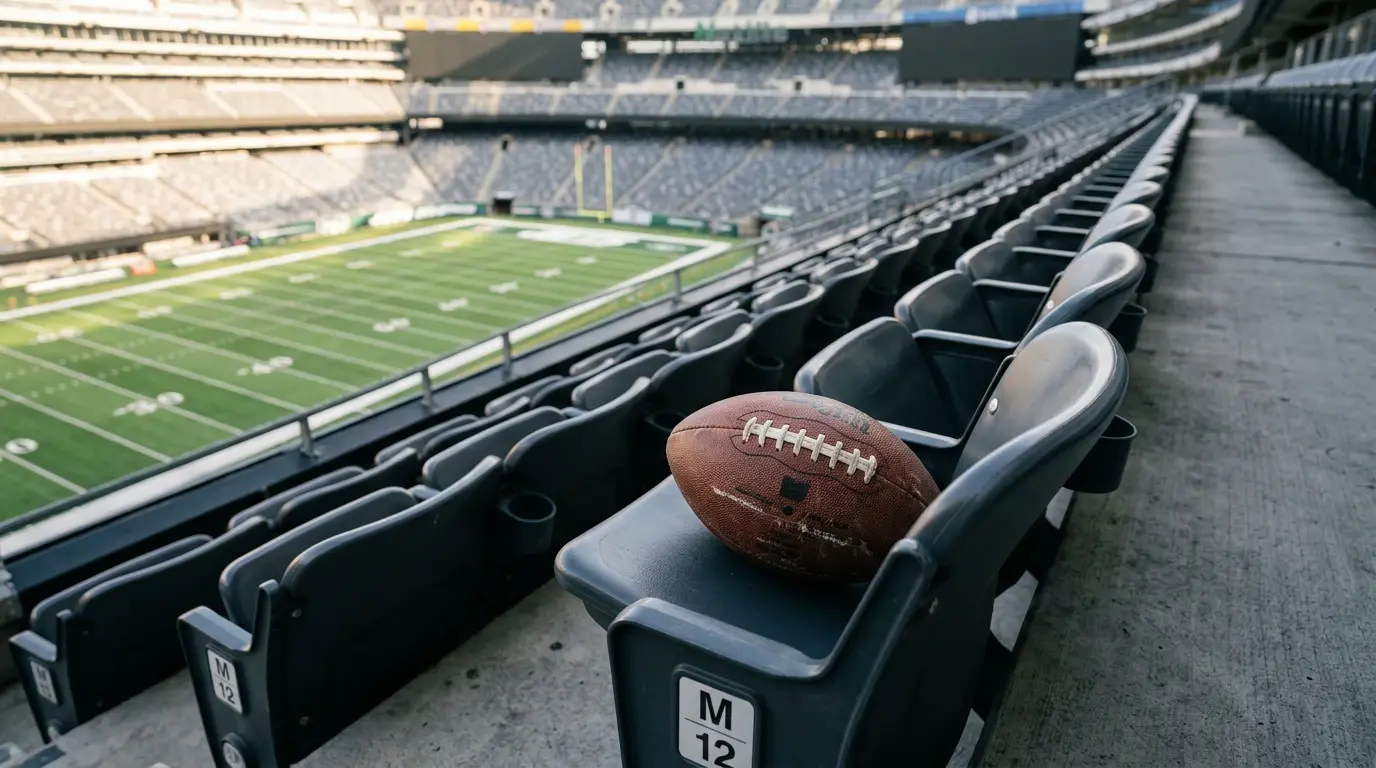 American football resting on the back row of empty stadium seating overlooking the field