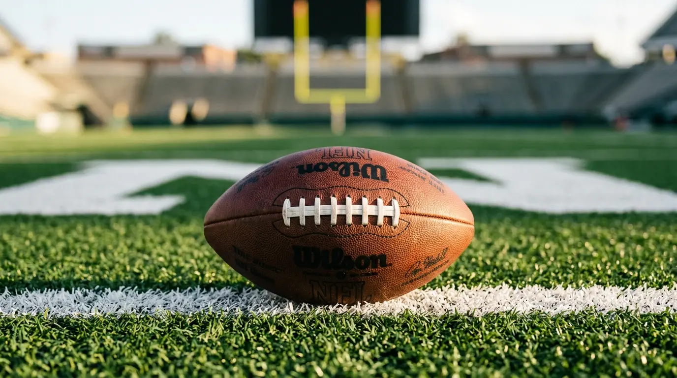 American football placed on the goal line of a marked NFL field with the goal posts visible in the background