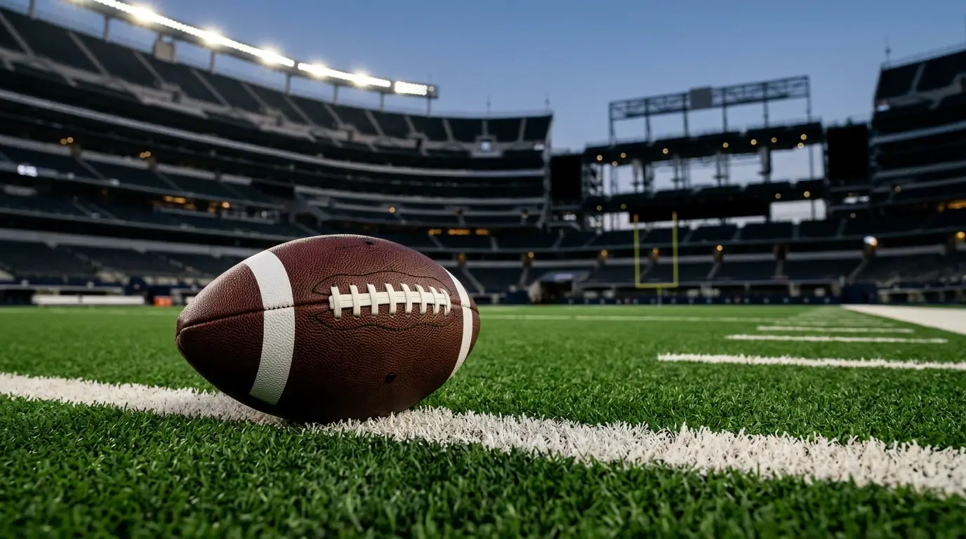 American football resting on the sideline of a stadium with the scoreboard visible in the distance