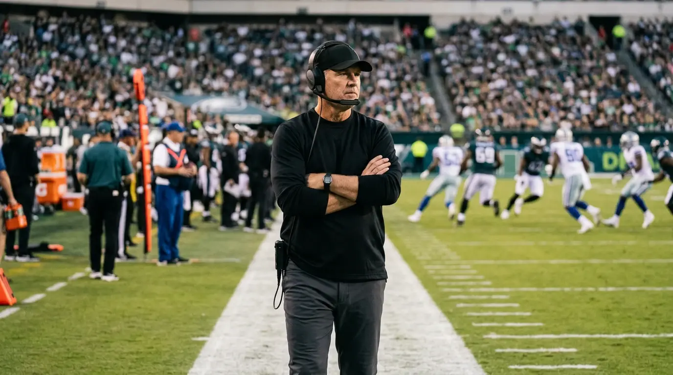 American football head coach in a team cap and headset standing on the sideline watching play unfold
