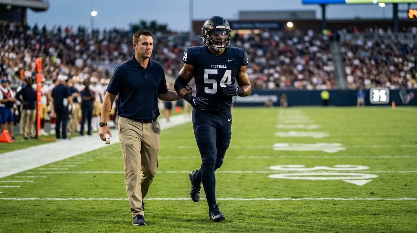 American football player jogging back onto the field with a team trainer beside him after an injury