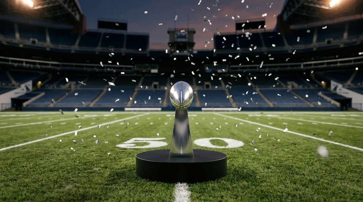 American football trophy on a podium at midfield with confetti drifting through the air after a conference championship game