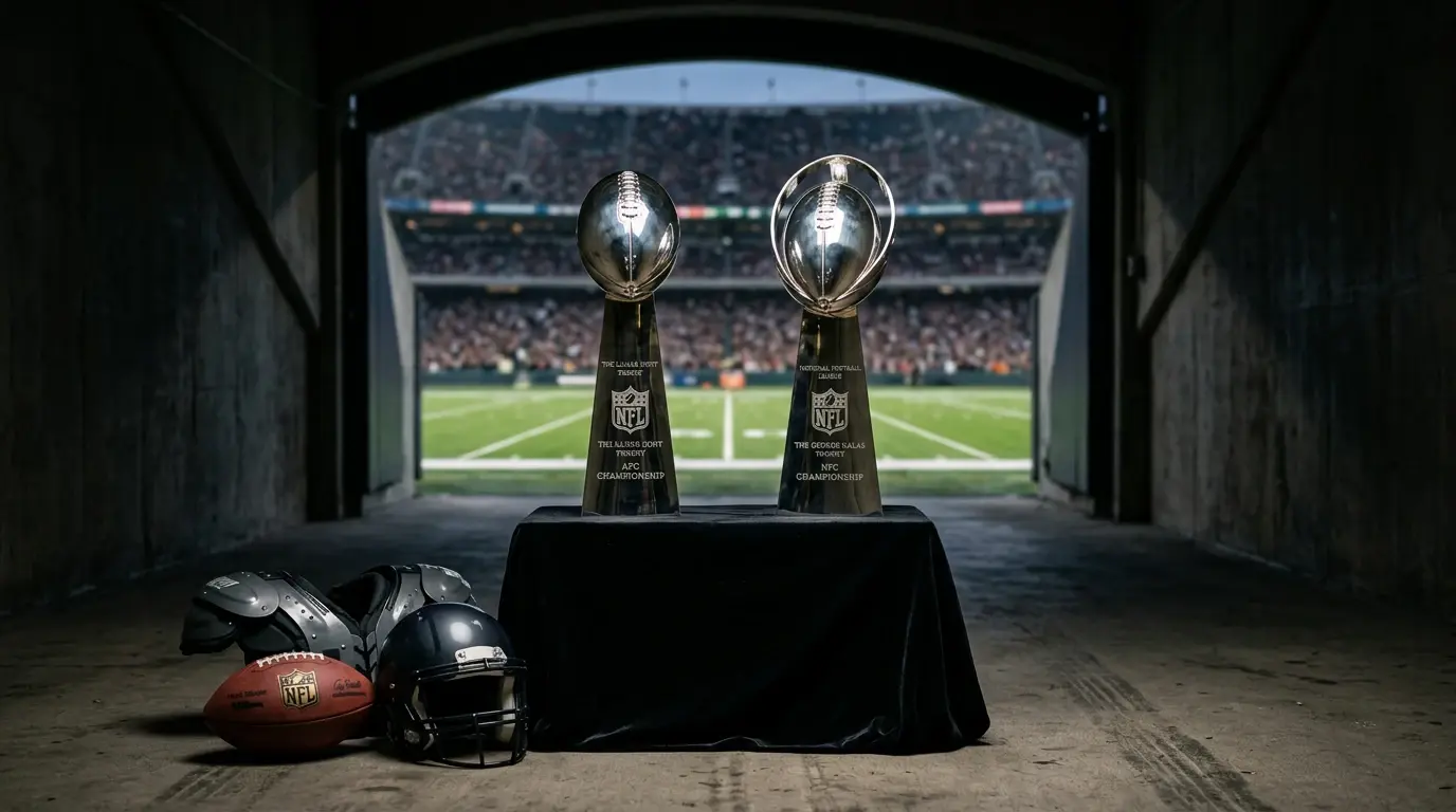AFC and NFC conference championship trophies on a pedestal at an NFL stadium tunnel, hero image for a UK conference and division futures betting guide