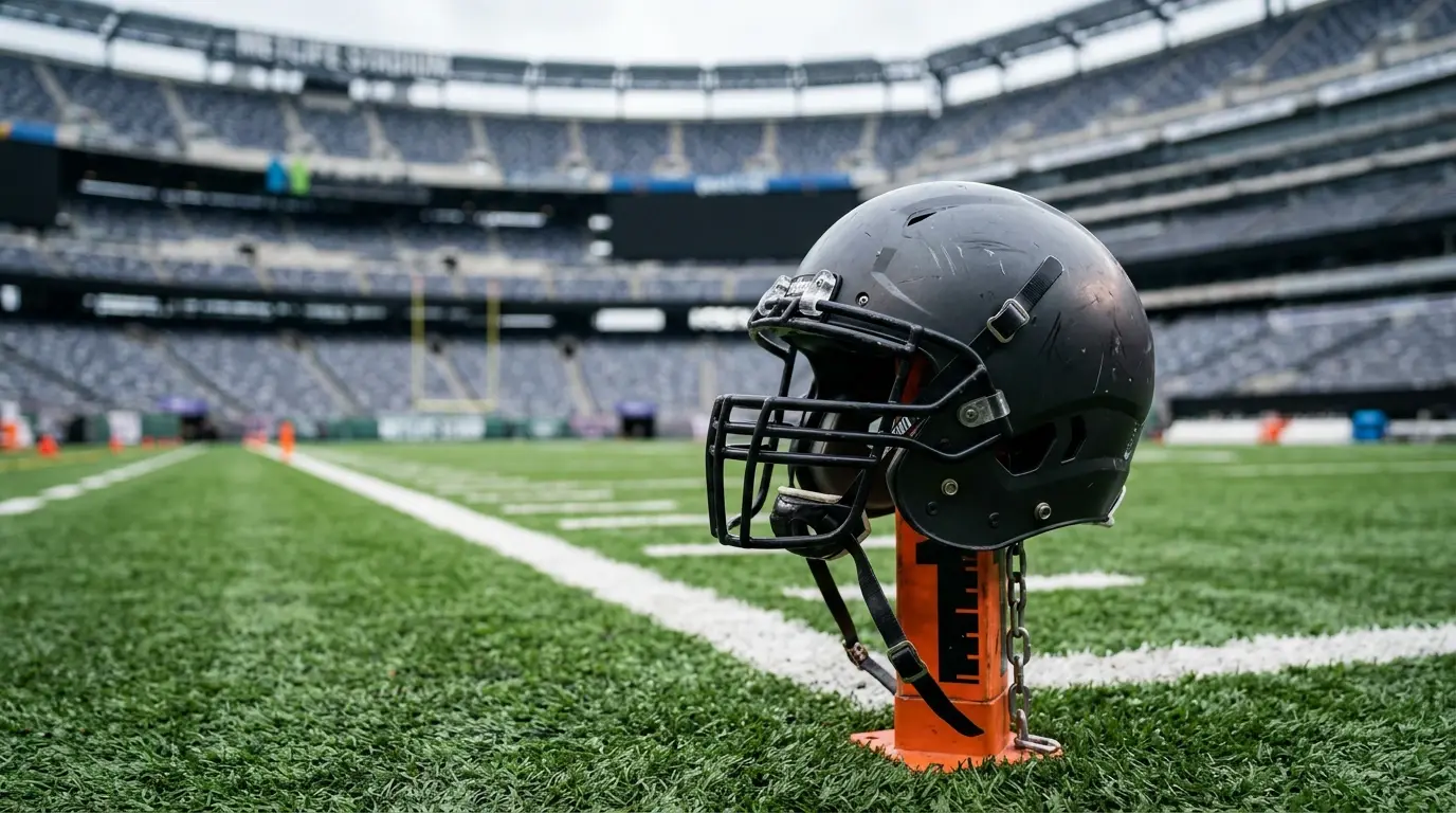 American football helmet resting on a yardage marker on a green NFL field with stadium seating in the background