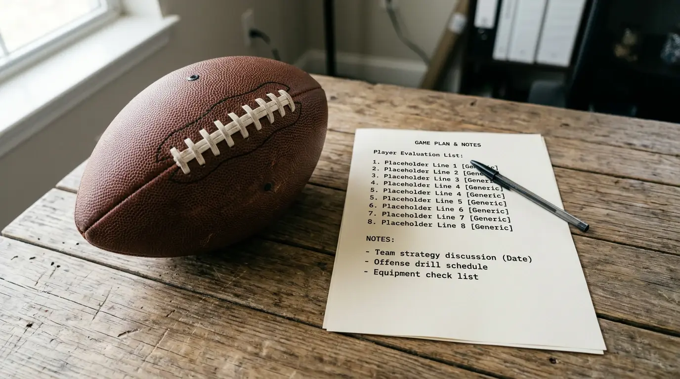 American football placed on a wooden table next to a typed list of player names on paper