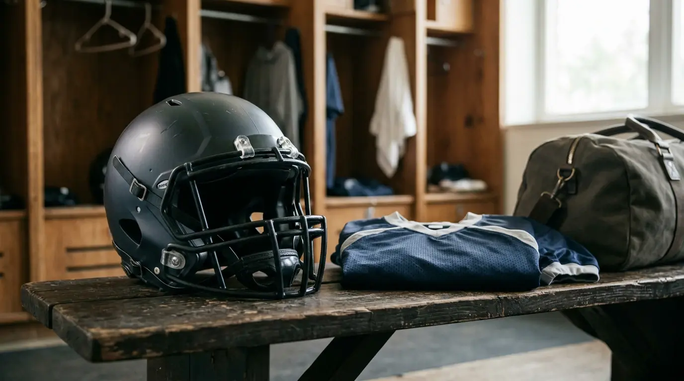 American football helmet and jersey laid out on a locker room bench beside a duffel bag