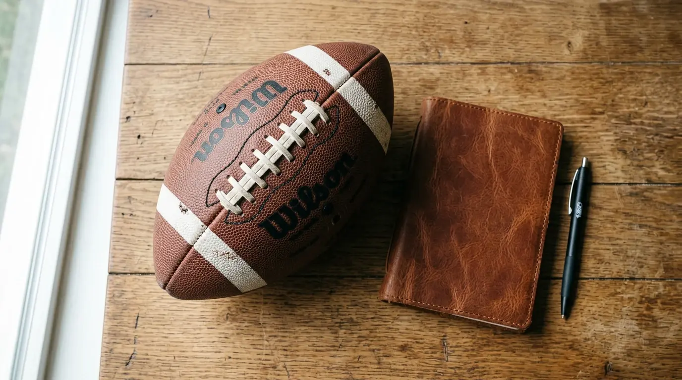 American football placed beside a leather notebook and ballpoint pen on a wooden table by a window