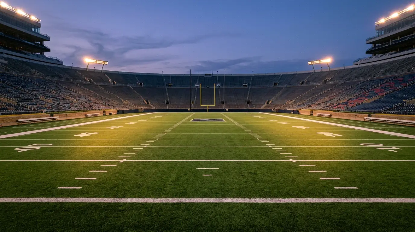 NFL gridiron stadium at twilight with golden field lighting