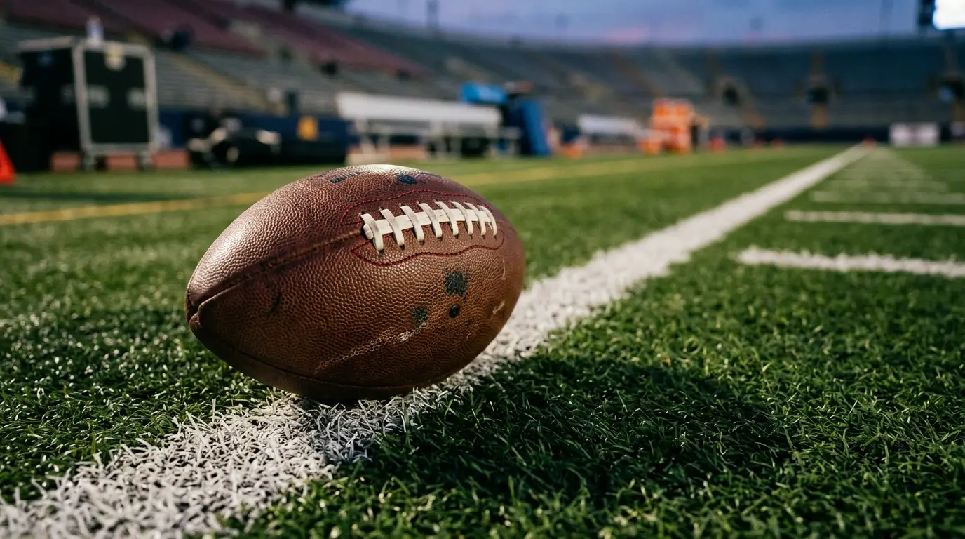 Close-up of a leather NFL American football resting on the gridiron yard markings under stadium floodlights, hero image for an NFL futures hold and vig explainer