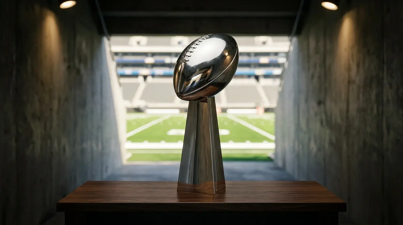 Vince Lombardi Trophy under stadium lights with NFL field background