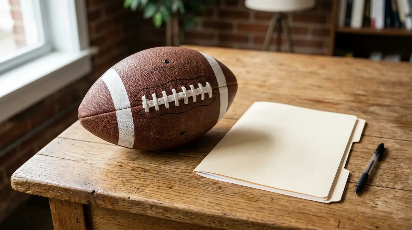 American football resting on a wooden desk next to a closed manila folder of plain papers