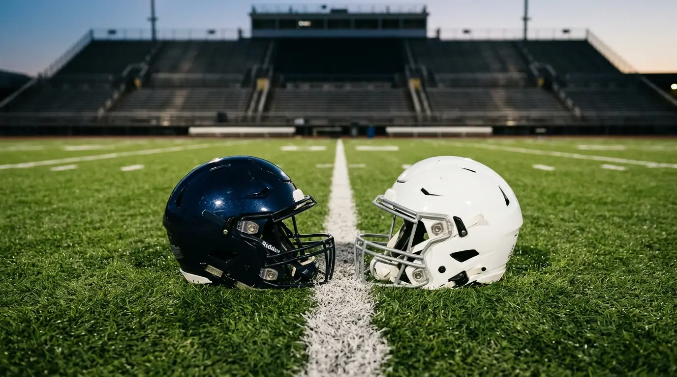 Two American football helmets in contrasting colours placed side by side on a green NFL field