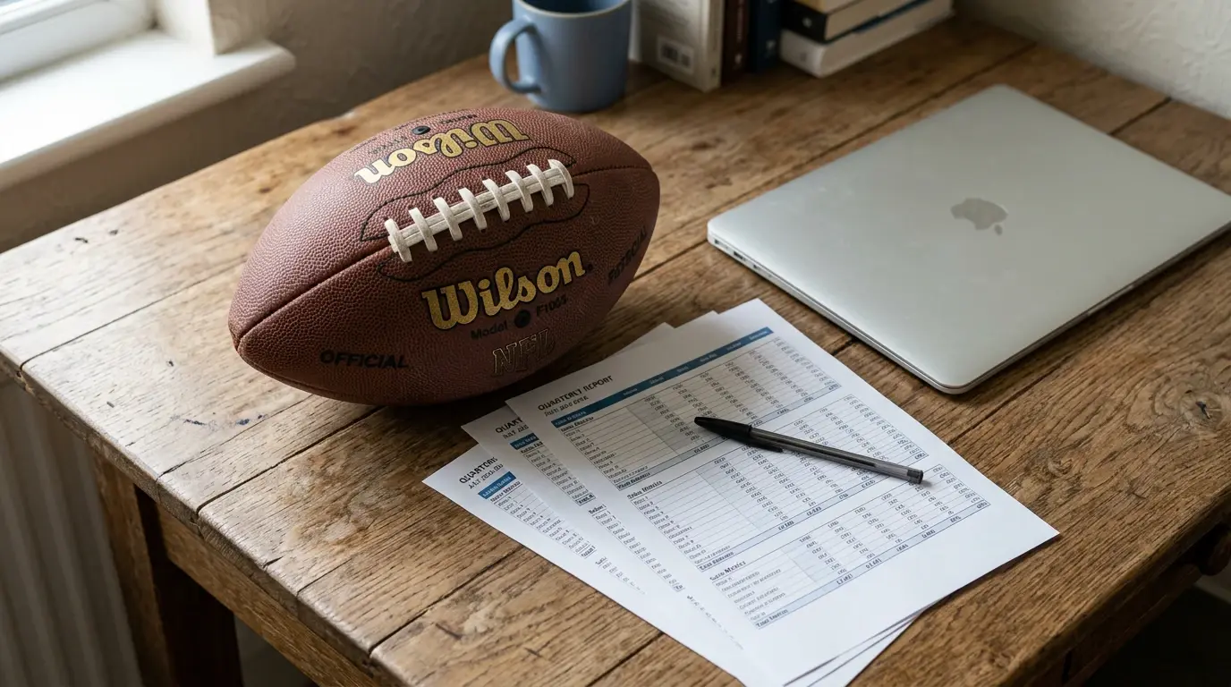 American football placed on a wooden desk next to a closed laptop and printed odds comparison sheets