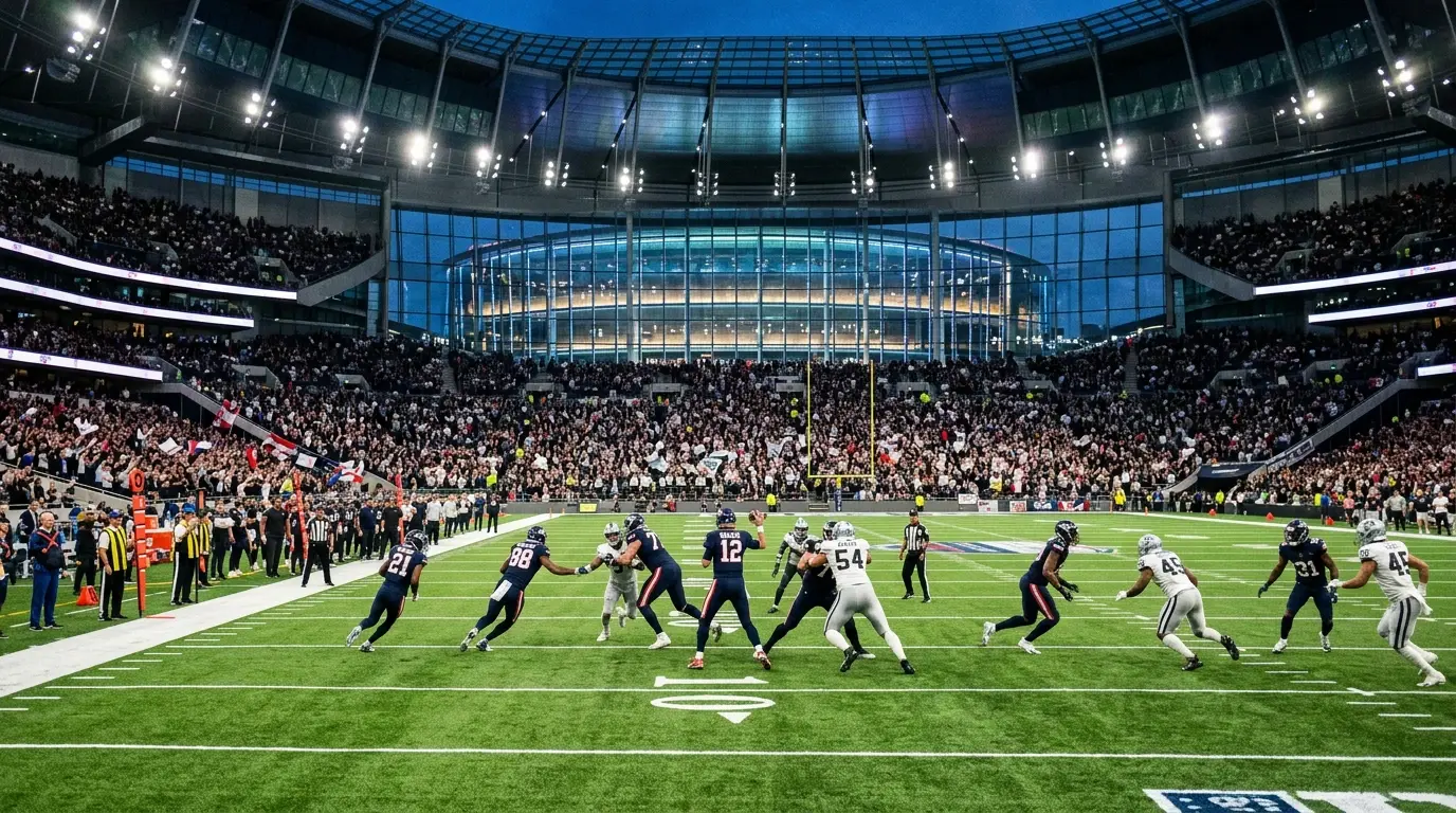 American football game in progress at a large London stadium with packed stands of fans