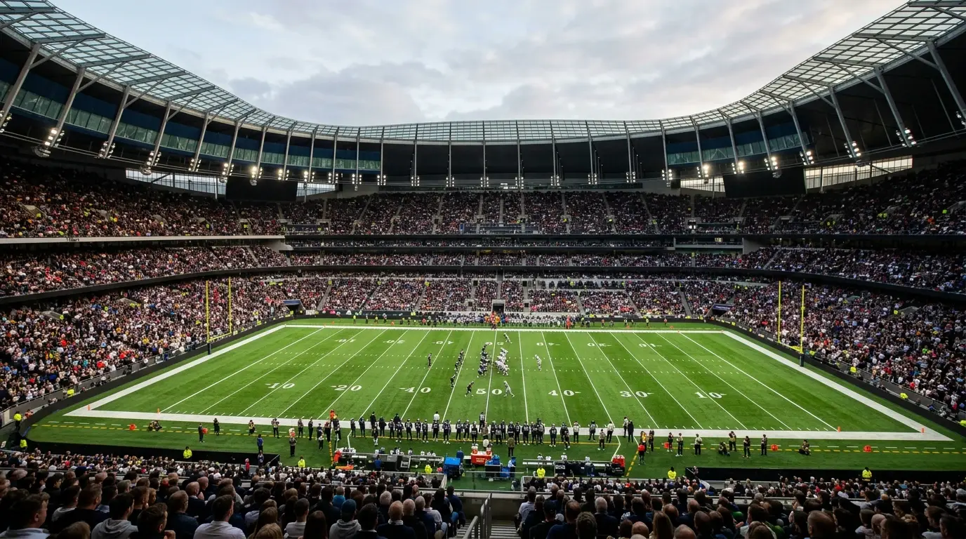 NFL game in progress at a packed London stadium with crowd in the stands