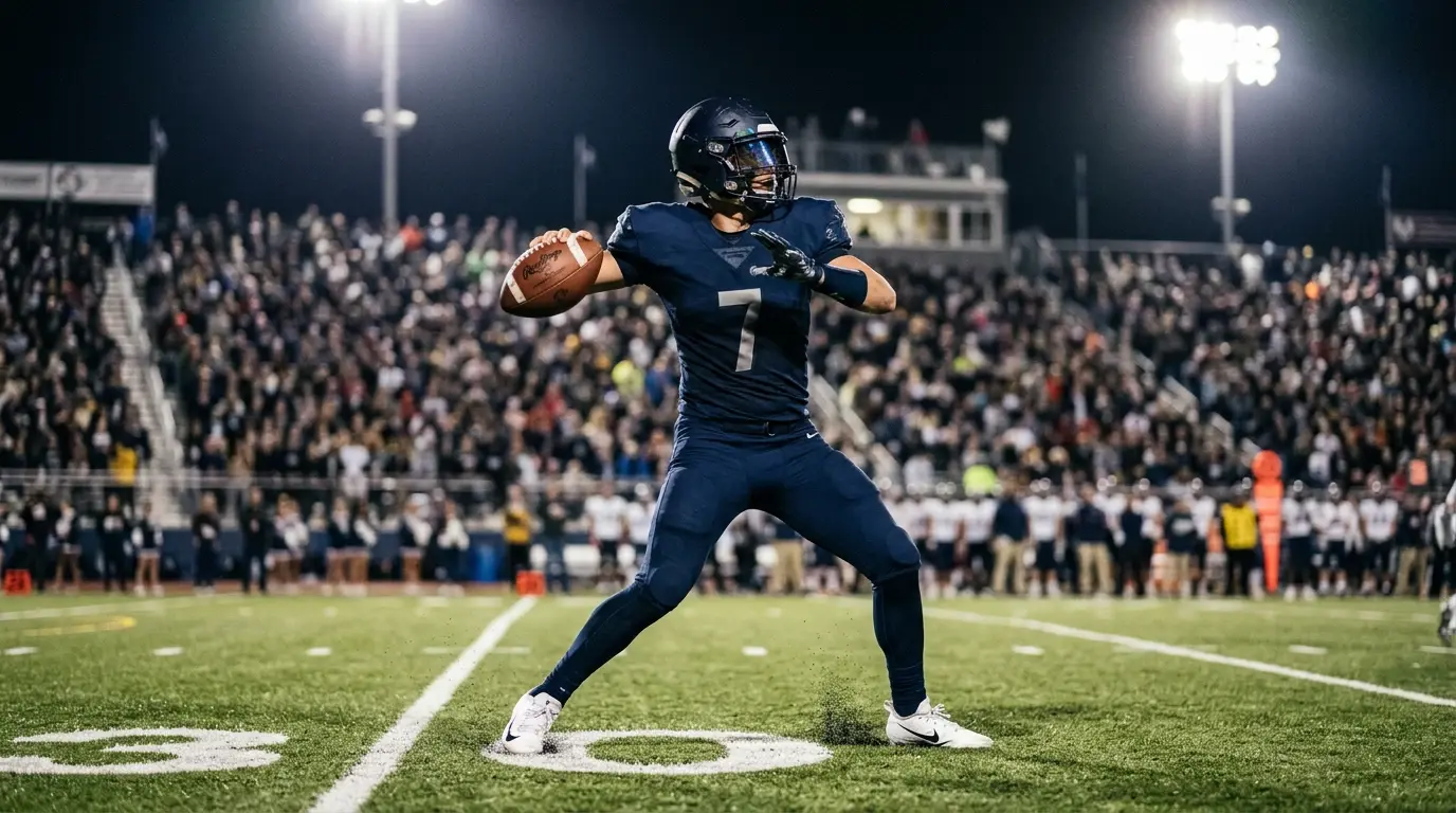 NFL quarterback in mid throwing motion under stadium floodlights on the gridiron, hero image for an MVP futures betting guide for UK punters