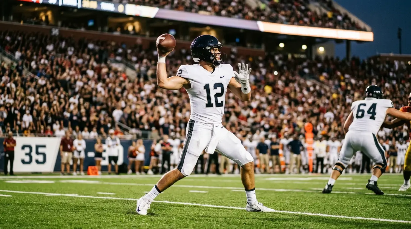 Quarterback in a white home jersey throwing a long pass under stadium floodlights during a regular-season NFL game
