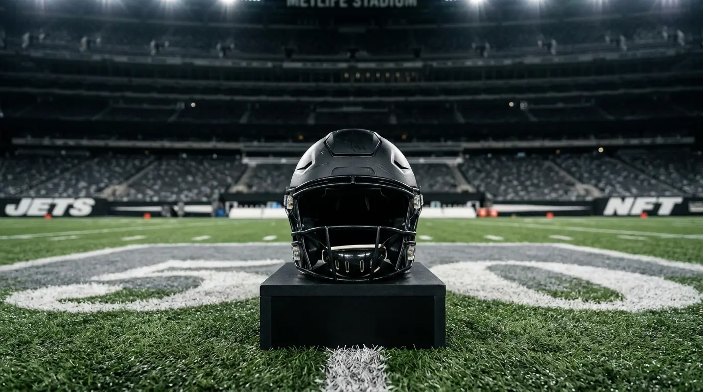 American football helmet on a podium-style stand at midfield of a playoff-decorated NFL stadium