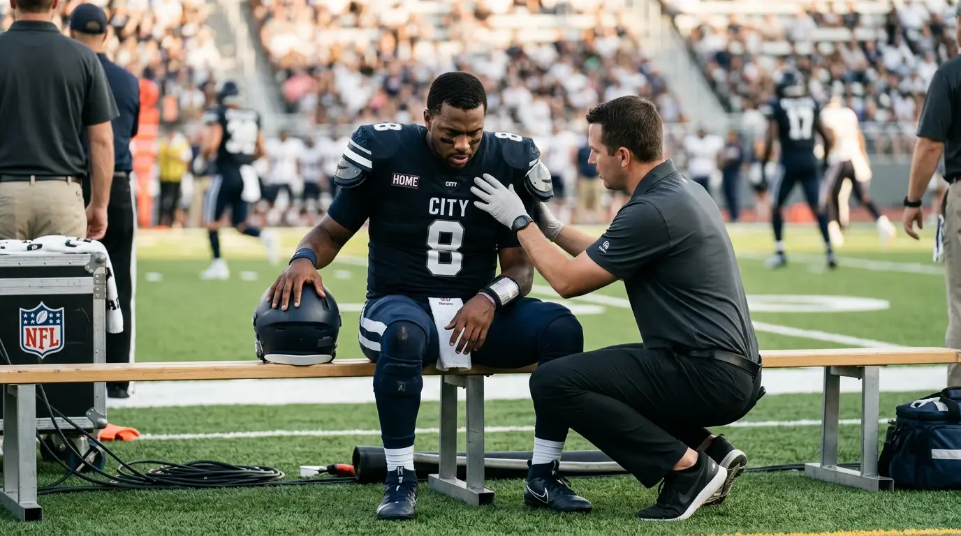 American football quarterback sitting on the sideline bench with a team trainer assessing his shoulder