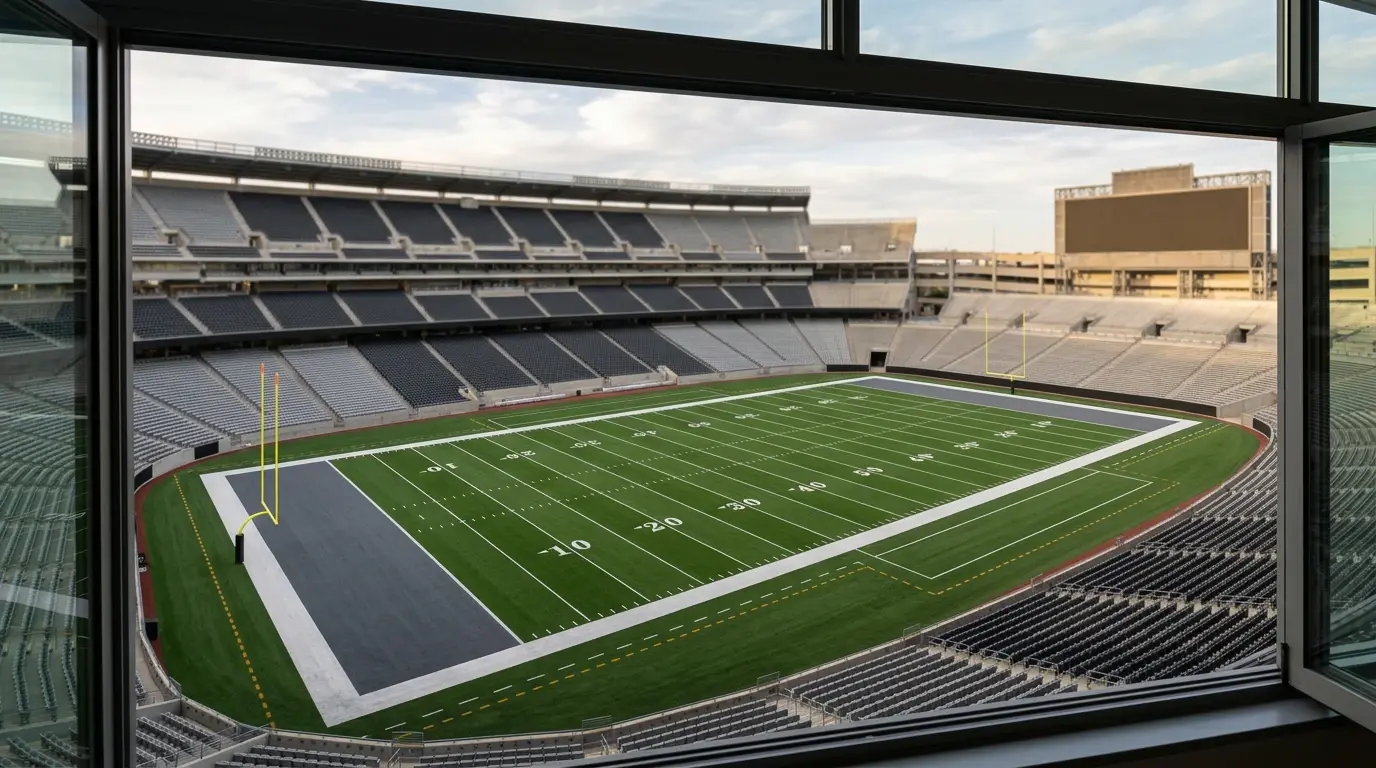 Wide view of an NFL stadium field marked with yardage lines and end-zone painted area under daylight
