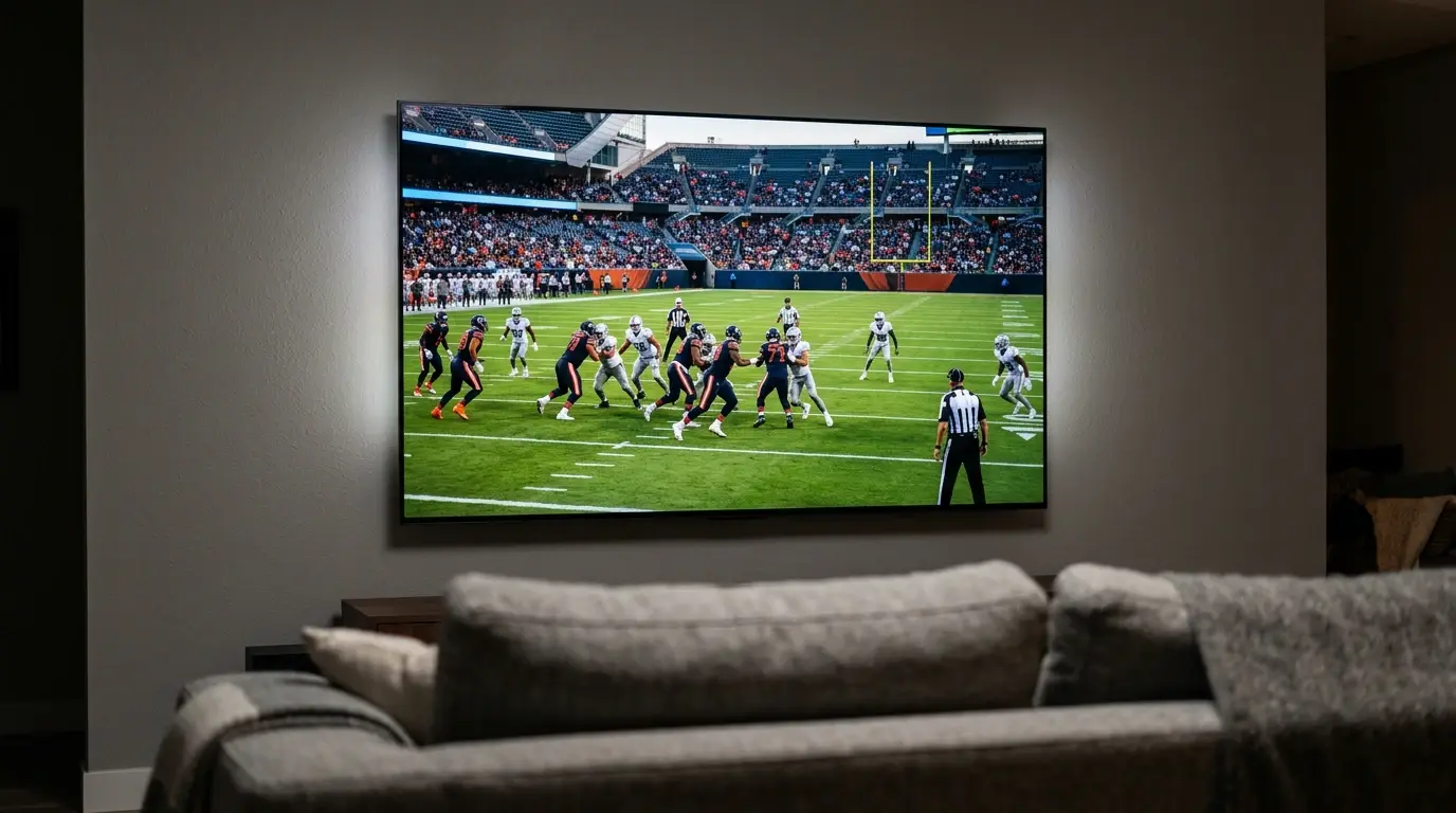 American football game shown on a large flat television screen mounted on a living room wall