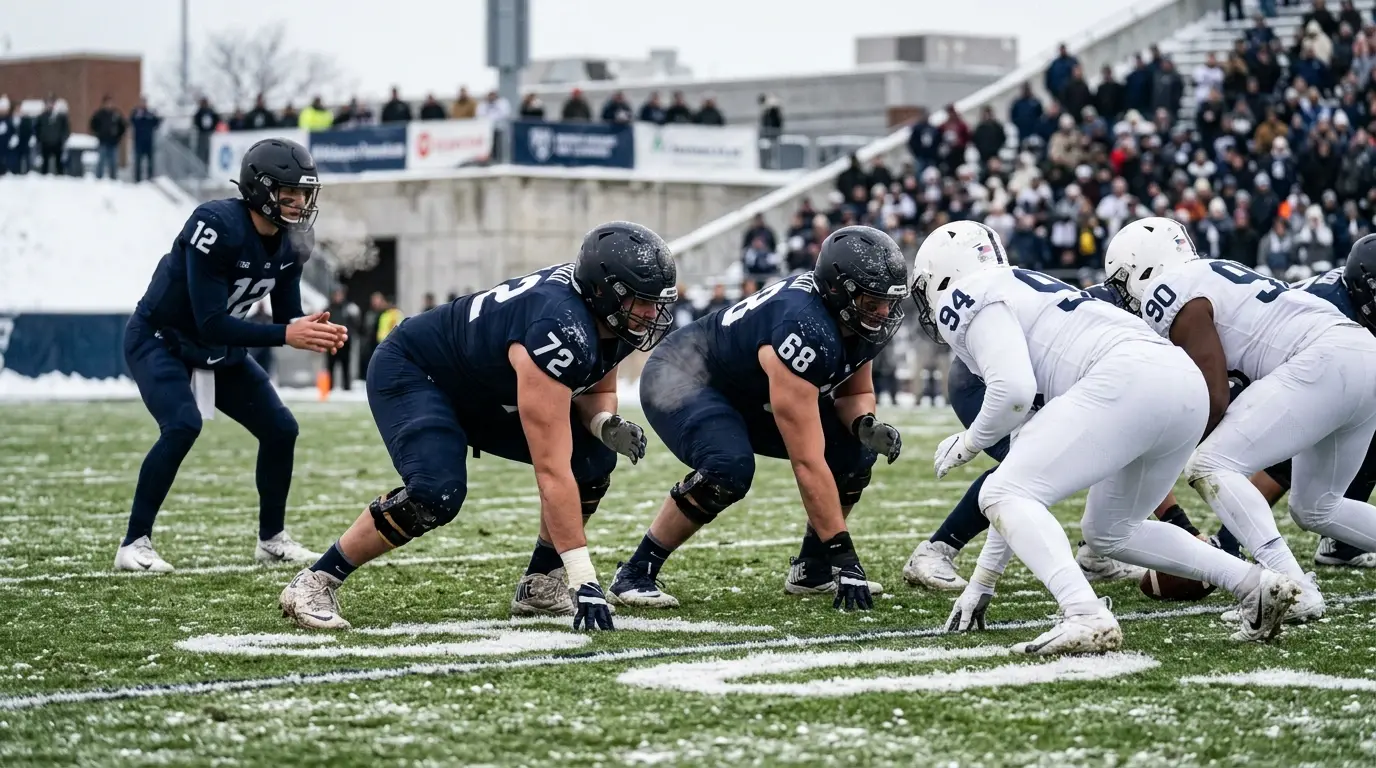 American football snapped at the line of scrimmage in winter playoff conditions on a snow-dusted field