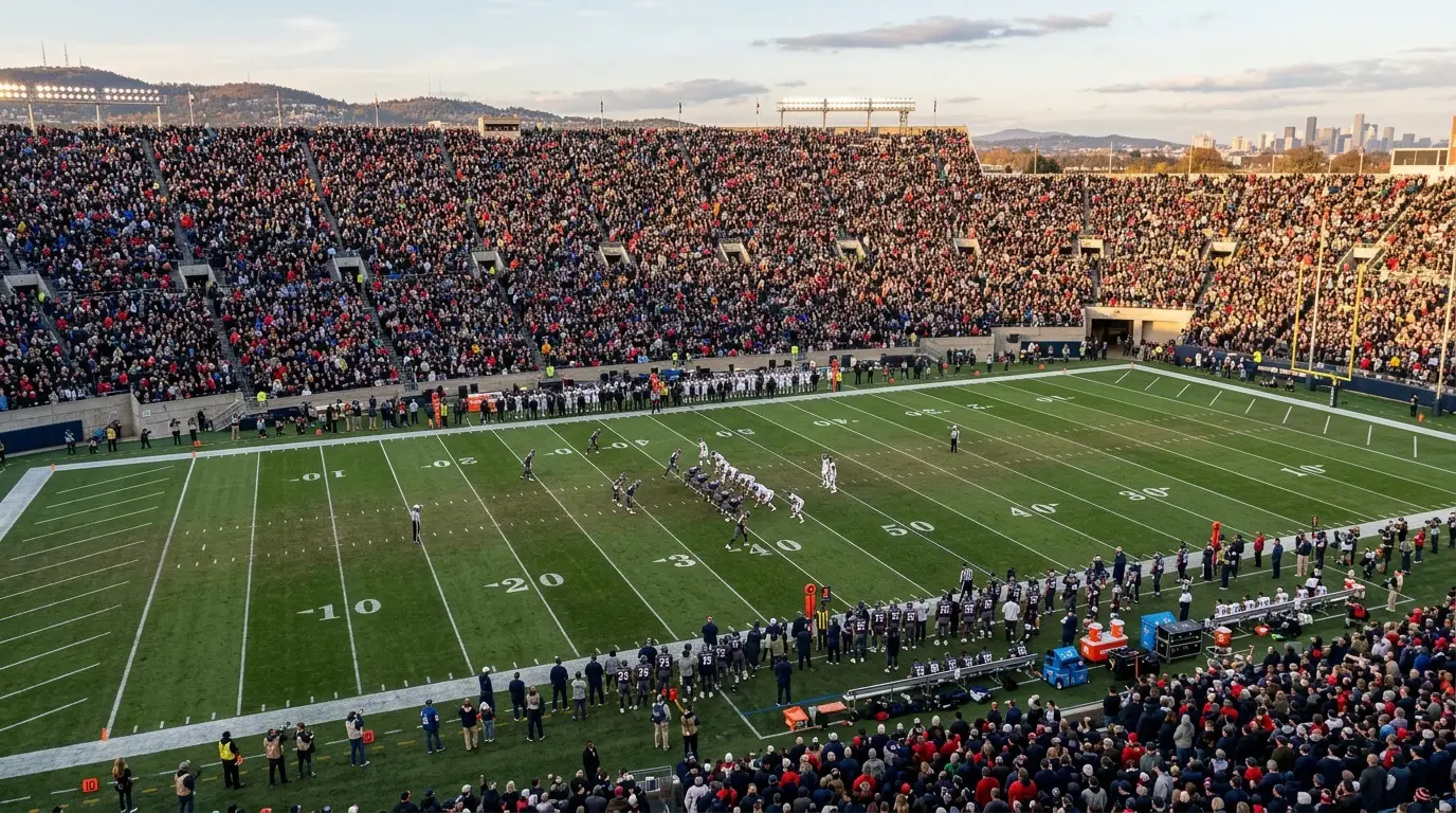 Packed American football stadium during a regular-season NFL game with autumn light over the gridiron, hero image for a UK win totals betting guide
