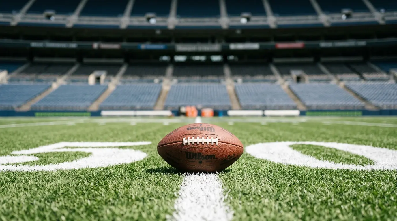 American football resting on a yard-line marker mid-field at an NFL stadium during a regular-season afternoon