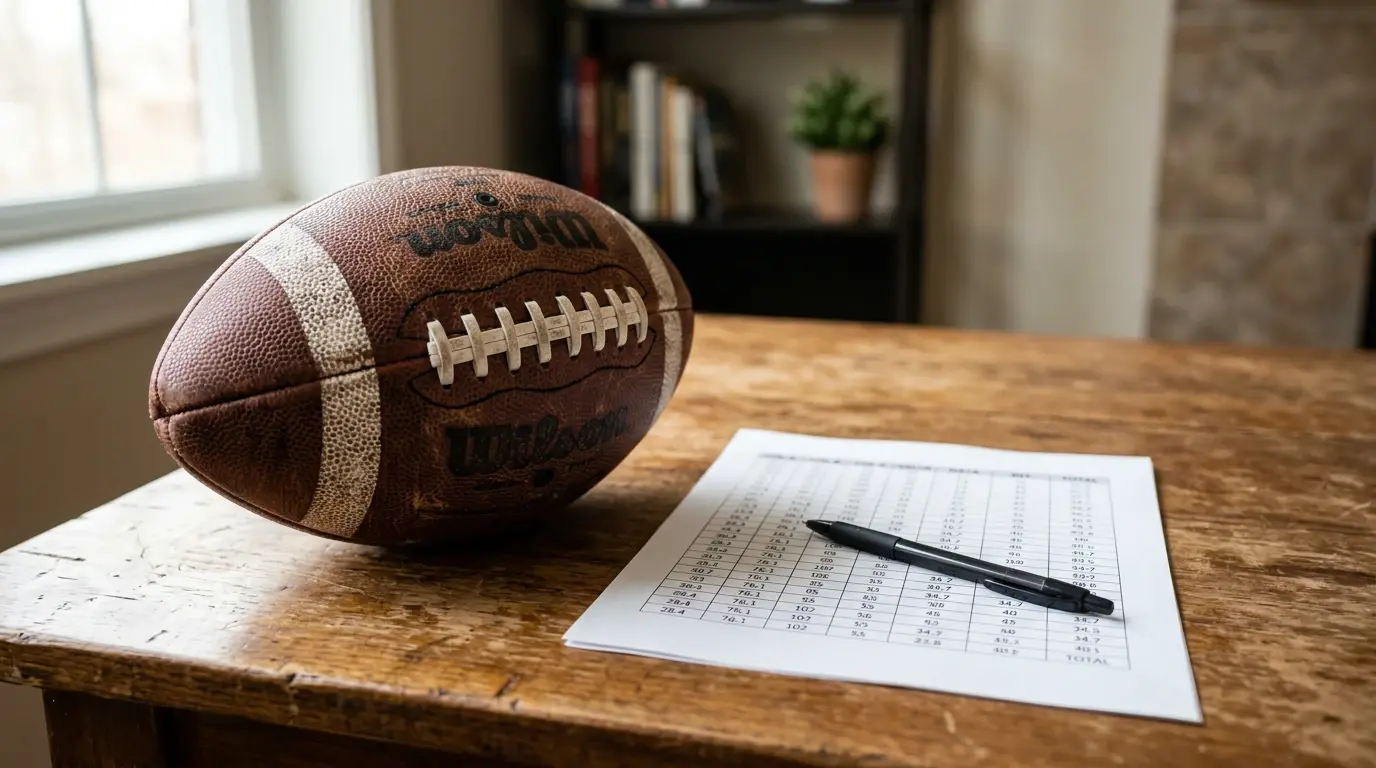 American football placed beside a printed odds board on a wooden table in a quiet office