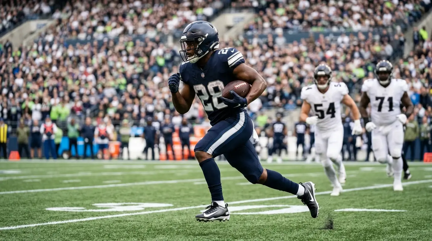 Young American football running back in a generic dark jersey carrying the ball during a regular-season game