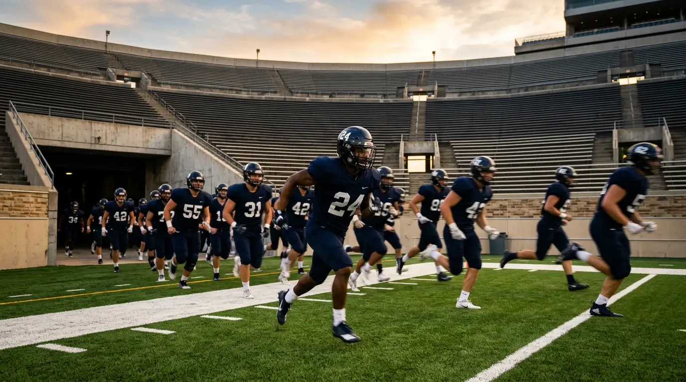 American football team running onto the field in pre-season training under stadium lights
