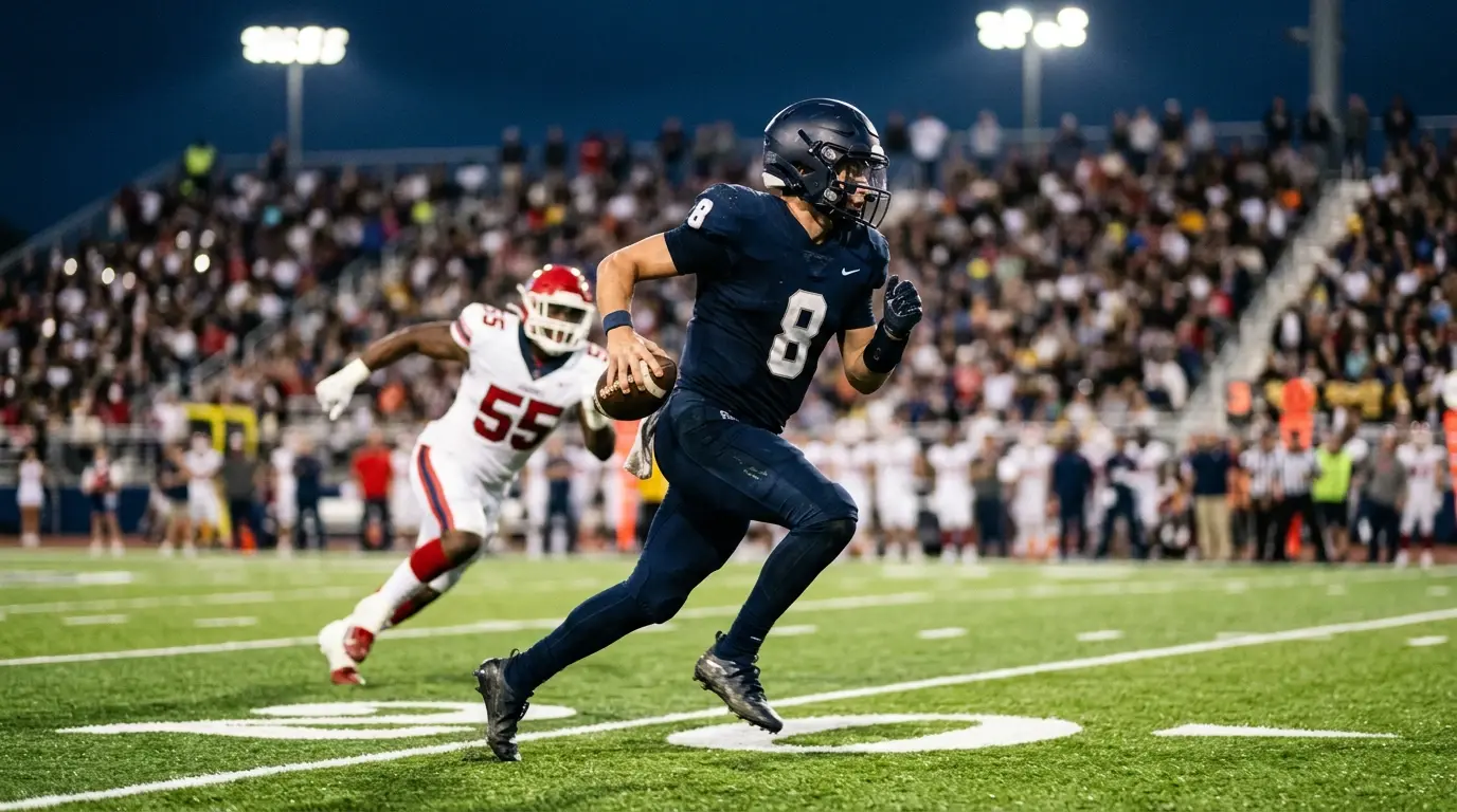 American football quarterback running with the ball past defenders on a green NFL field