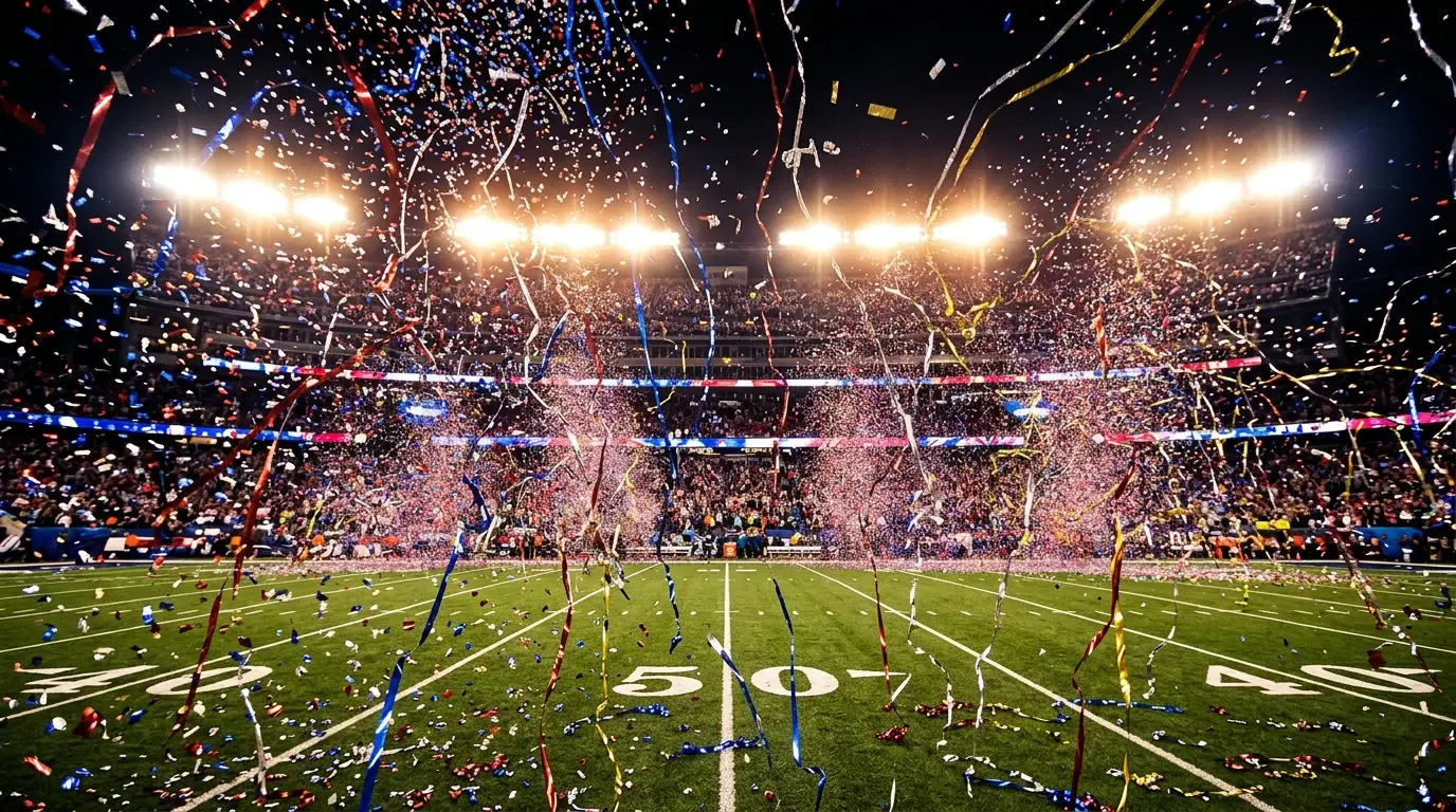 Confetti raining down on an NFL field after a Super Bowl championship moment