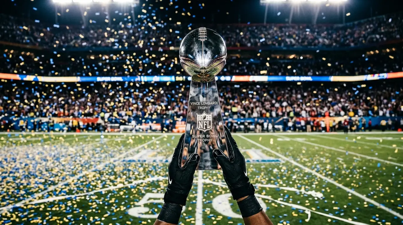 Lombardi Trophy lifted on confetti-covered NFL gridiron at the Super Bowl final, hero image for a UK Super Bowl futures outright betting guide