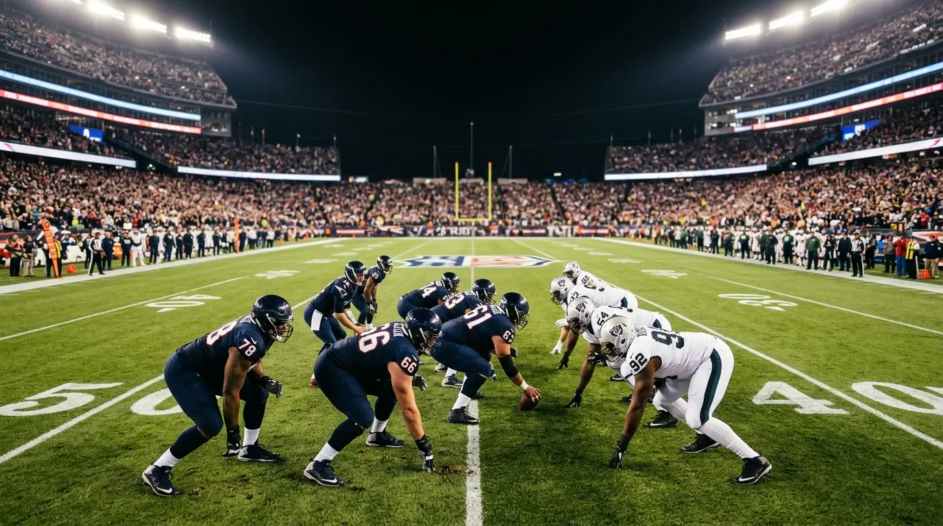 Wide shot of a Super Bowl stadium with both teams lined up on the field before kickoff