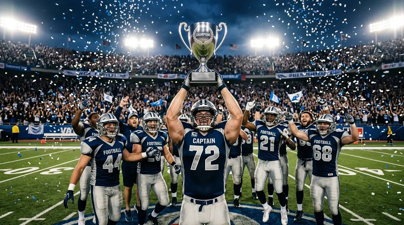 American football team celebrating a Super Bowl underdog victory with the championship trophy on a stadium field
