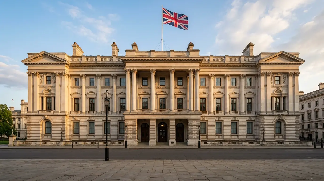 Westminster government district with Union Jack flag and historic building facade