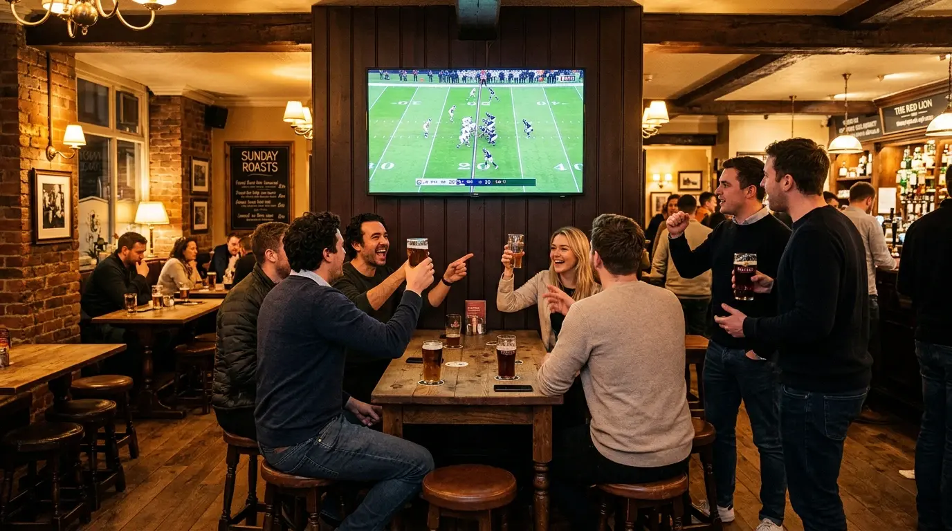 UK pub crowd watching NFL game on big screen during evening kickoff